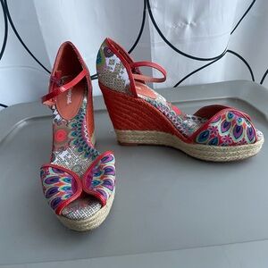 Desigual Women's Orange Peacock Wedge Sandals size 10